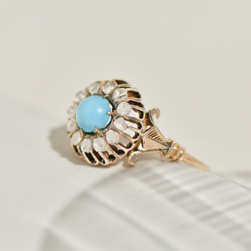 Antique 14K yellow gold ring with rose-cut diamonds and turquoise – Biedermeier romance at its finest