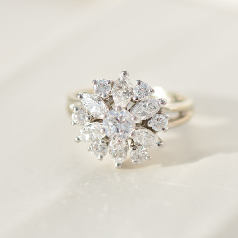 Mid-Century Flower Dream: White Gold Ring with Diamonds