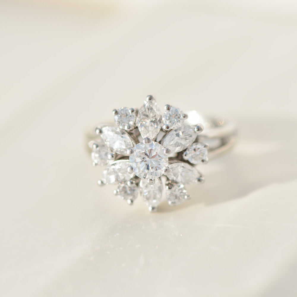 Mid-Century Flower Dream: White Gold Ring with Diamonds