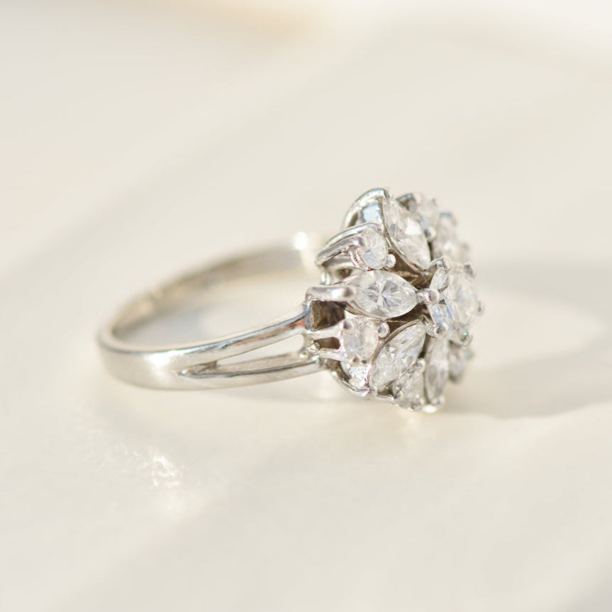 Mid-Century Flower Dream: White Gold Ring with Diamonds