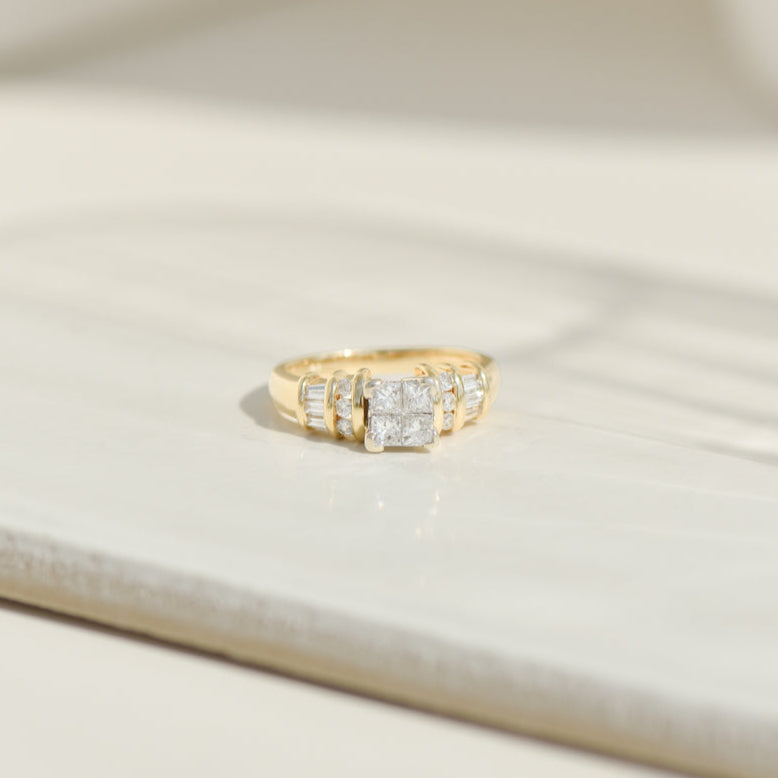 Bicolor vintage ring in 14K yellow gold with 16 diamonds – 90s glam with structure &amp; radiance