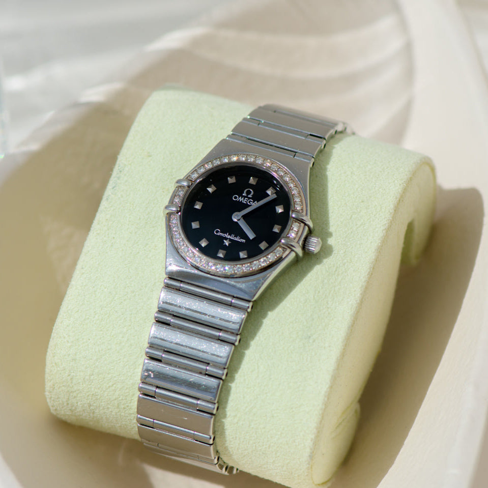 Omega Constellation Damen – Edelstahl mit Diamantlünette & schwarzem Zifferblatt