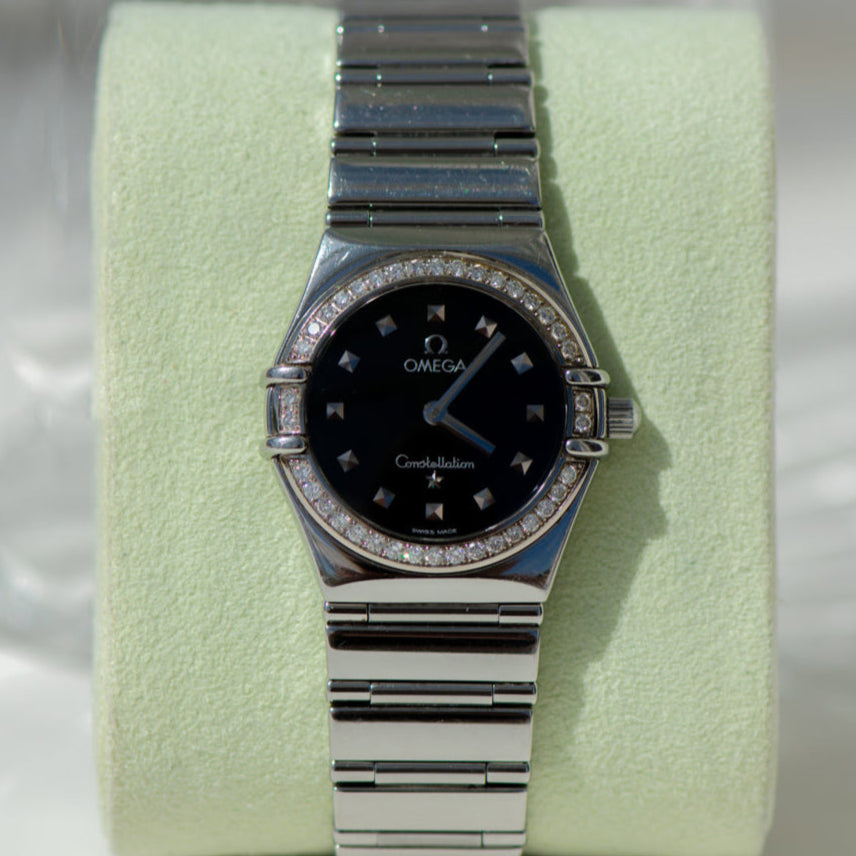 Omega Constellation Damen – Edelstahl mit Diamantlünette & schwarzem Zifferblatt