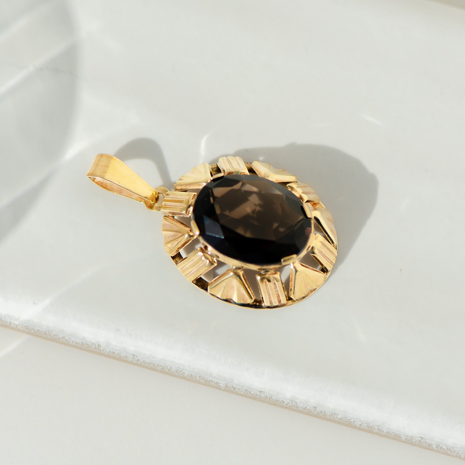 Vintage Rauchquarz Anhänger aus 8 K Gelbgold | Mid-Century Design ca. 1960er