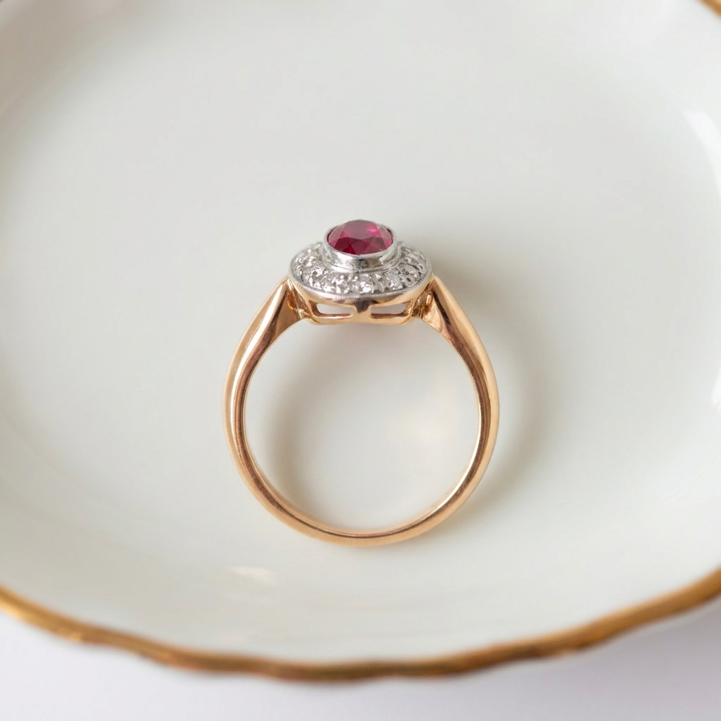 Antiker Rubin-Entourage-Ring mit Altschliffdiamanten