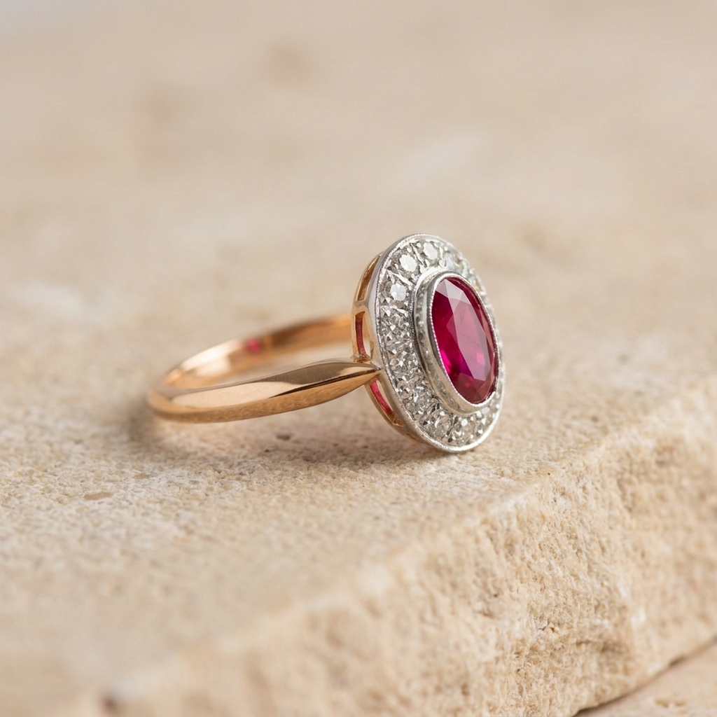 Antiker Rubin-Entourage-Ring mit Altschliffdiamanten