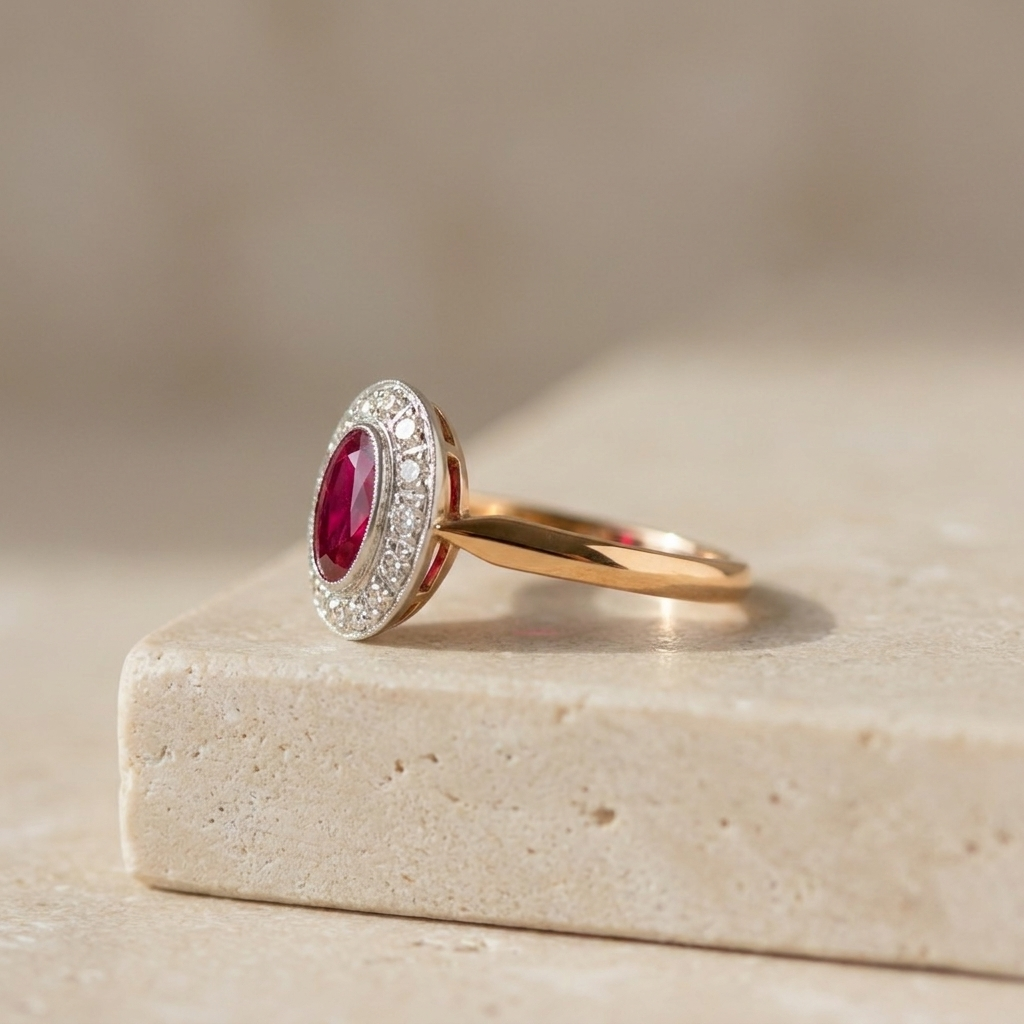 Antiker Rubin-Entourage-Ring mit Altschliffdiamanten