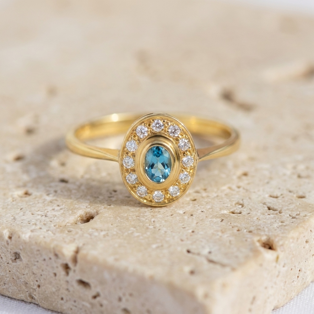 Aquamarin-Diamant-Ring aus 585er Gelbgold