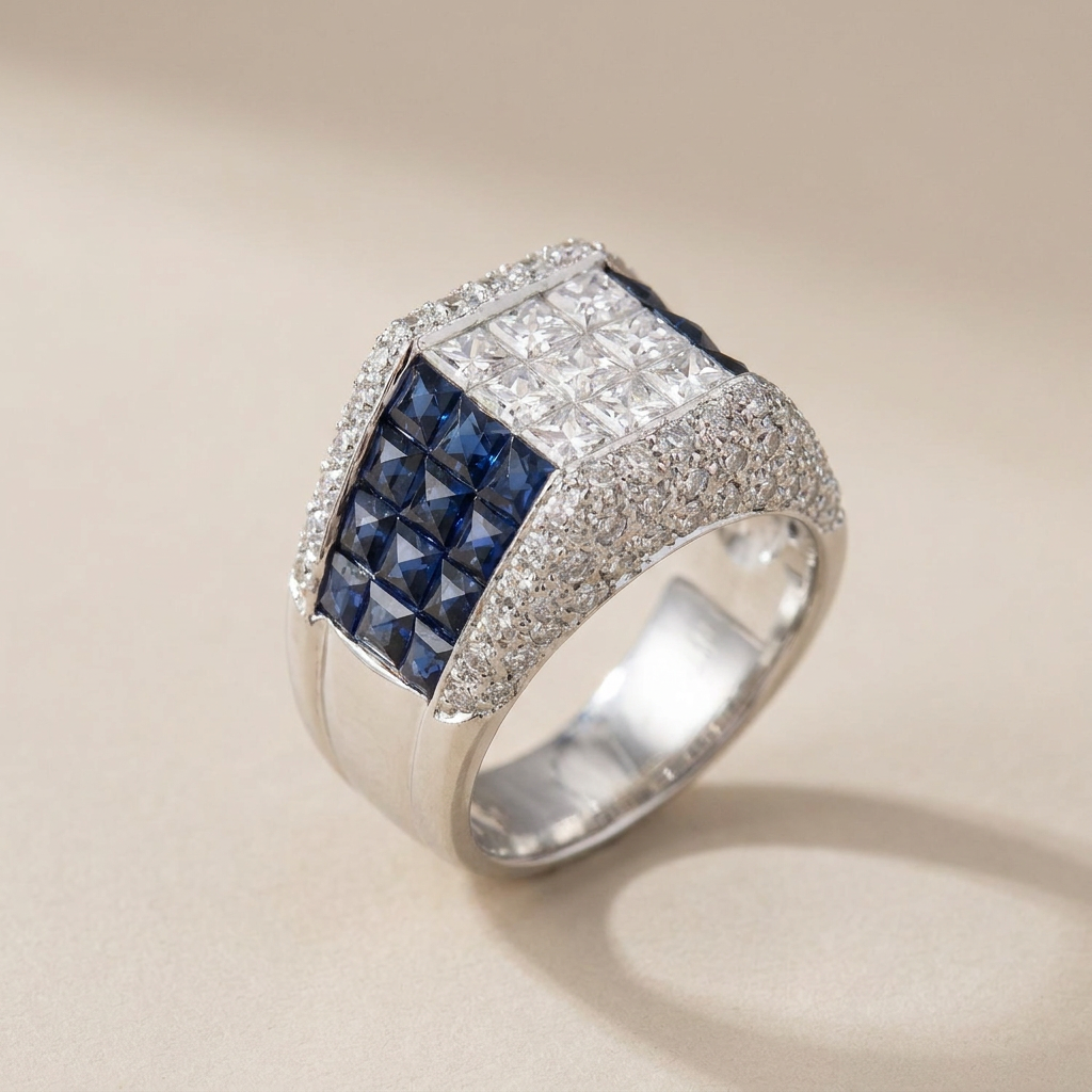 White gold ring with sapphires and diamonds in princess cutting