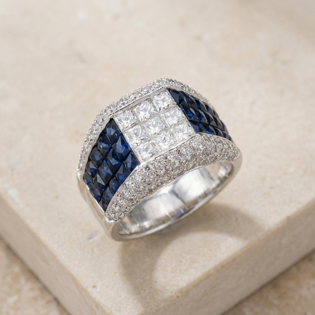 White gold ring with sapphires and diamonds in princess cutting