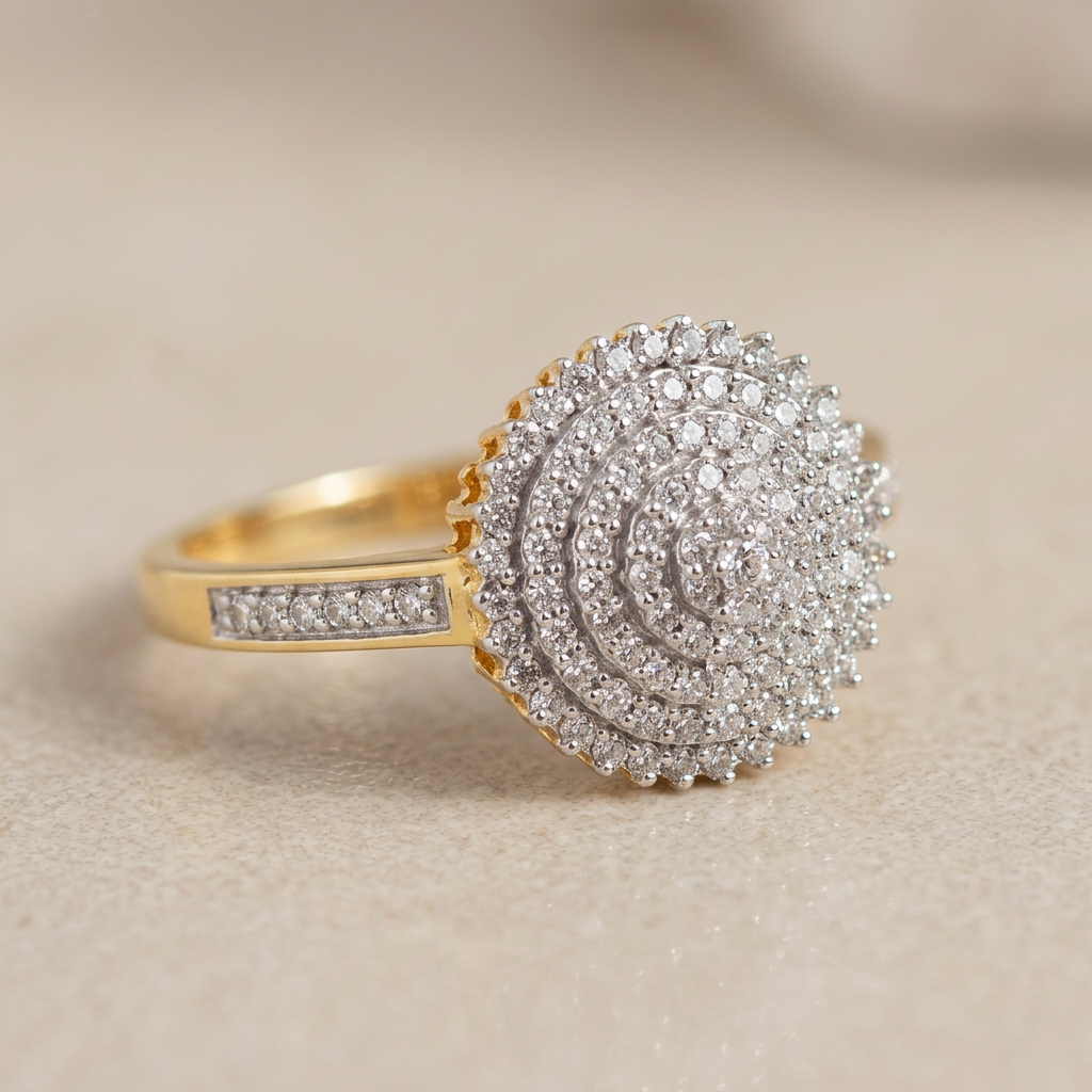 14k yellow gold diamond cluster ring with round dome head and channel-set band stones
