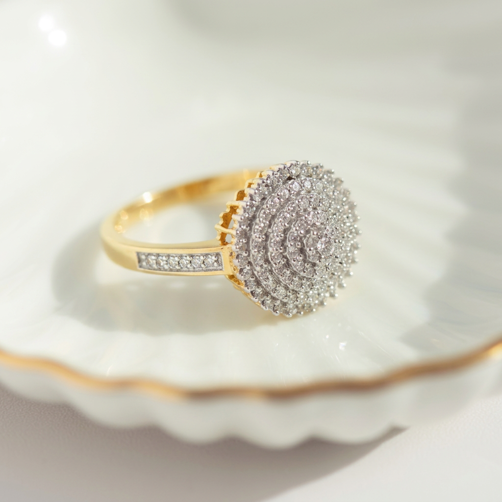 Diamant-Cluster-Ring aus 585er Gelbgold on ceramic dish highlighting concentric stone rows