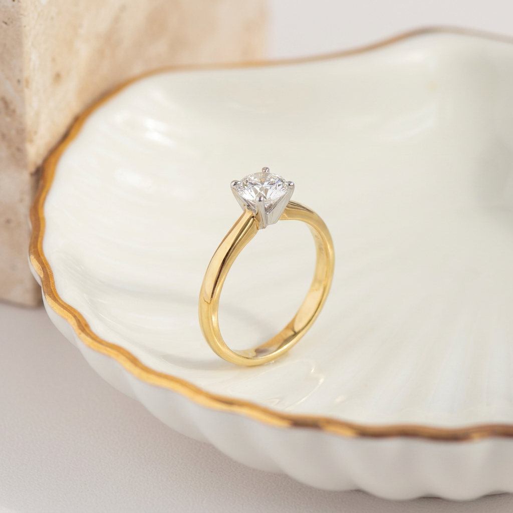 Vintage 14k yellow gold solitaire diamond ring with white gold prong setting