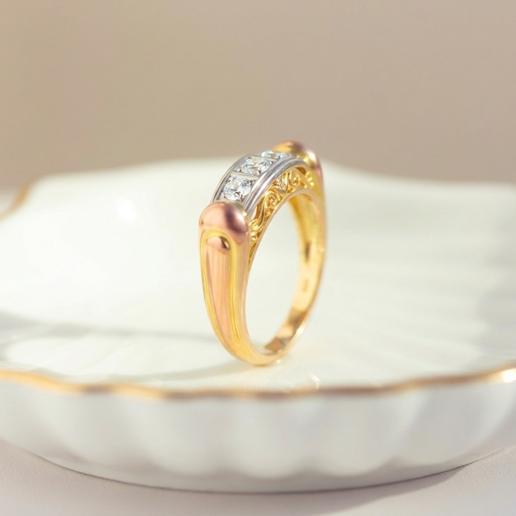 Vintage 14k gold ring with three square-cut diamonds in white gold channel flanked by engraved yellow and pinkish-red gold