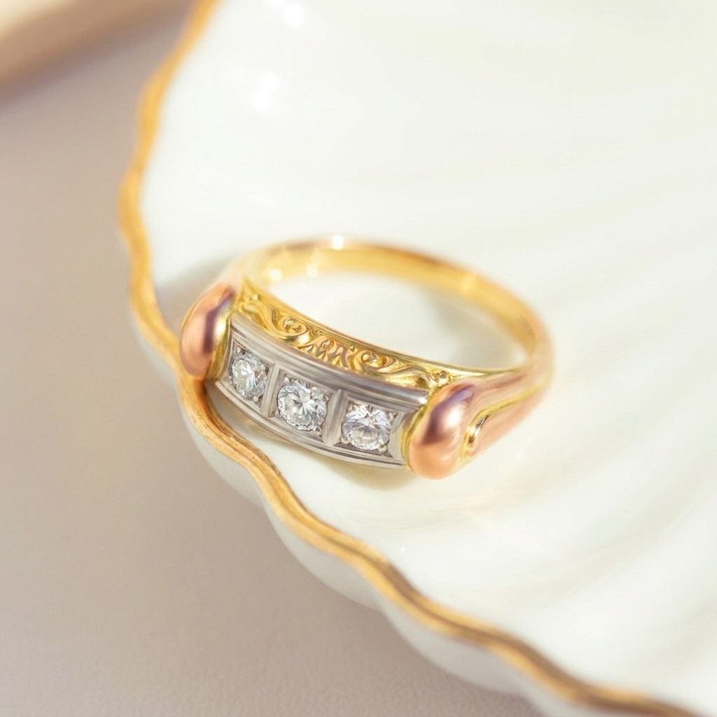 Close-up of antique 585 gold diamond ring showing contrast between polished yellow red gold and matte white gold settings
