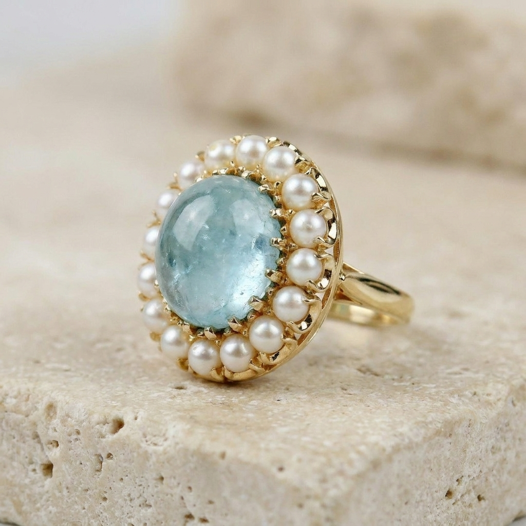 Extravagant vintage ring with aquamarine & pearls made of 585 gold