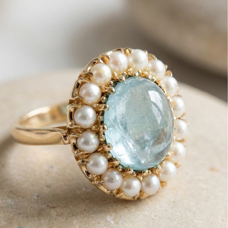 Extravagant vintage ring with aquamarine & pearls made of 585 gold