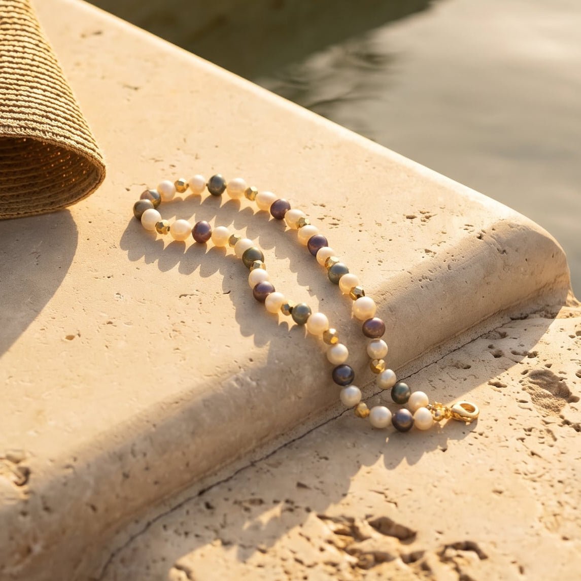 Feines Fußkettchen aus Süßwasserperlen & Pyrit – schwarz - weiß, facettiert, neu geknüpft - Honey Jewelry