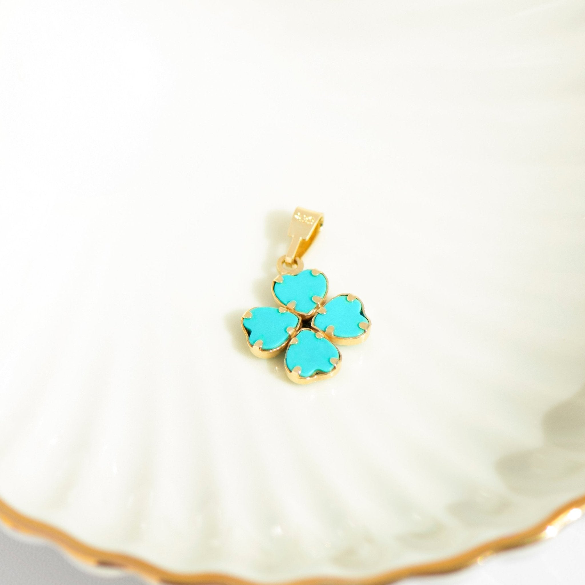 Kleeblatt Anhänger aus 585er Gelbgold – Türkis Schmuck Vintage Stil - Honey Jewelry