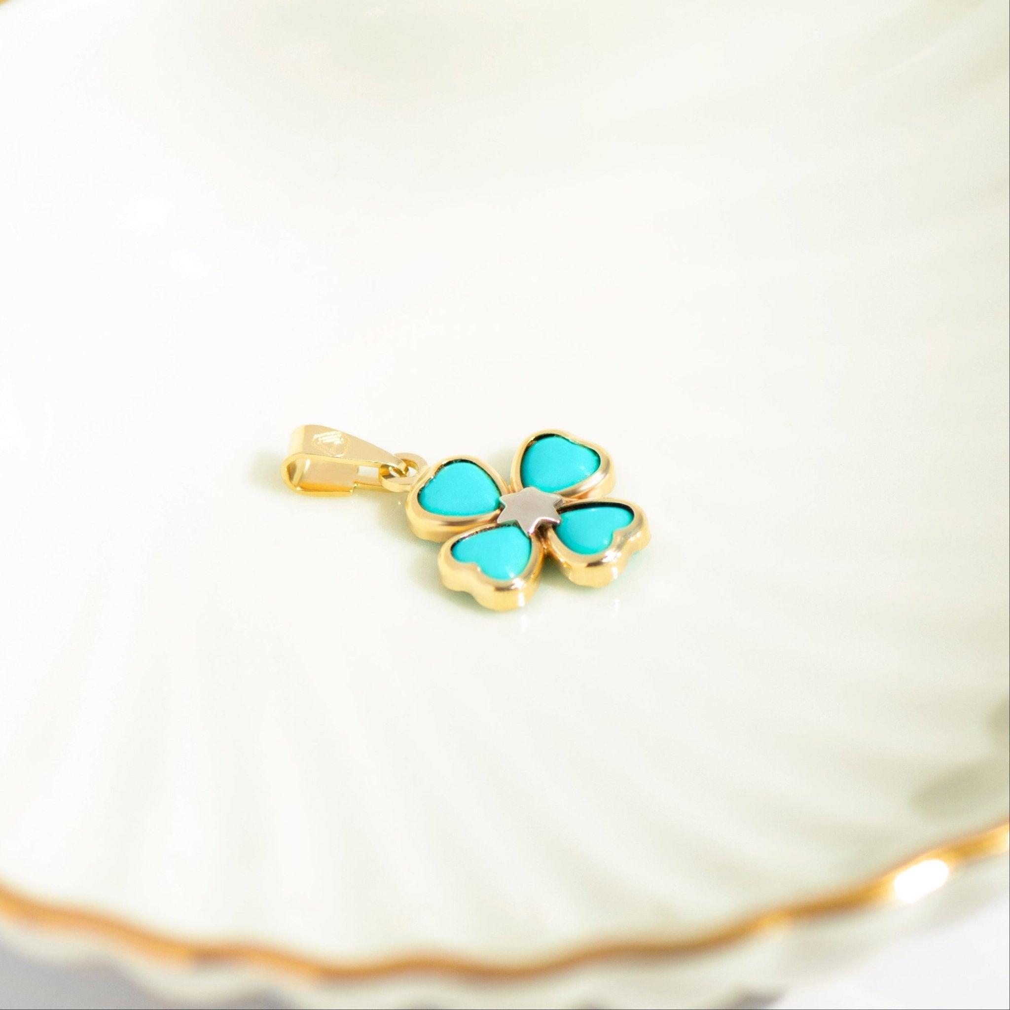 Kleeblatt Anhänger aus 585er Gelbgold – Türkis Schmuck Vintage Stil - Honey Jewelry