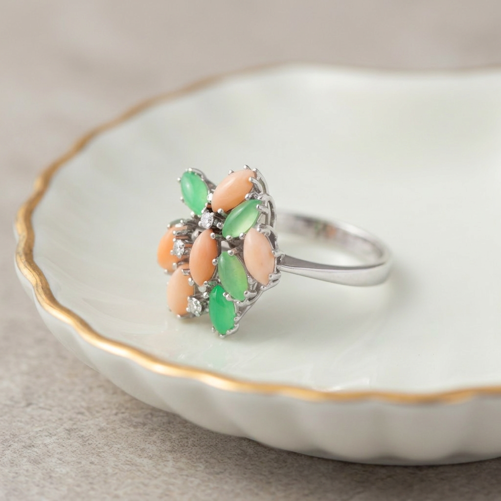Symmetrical peach coral and green chrysoprase ring