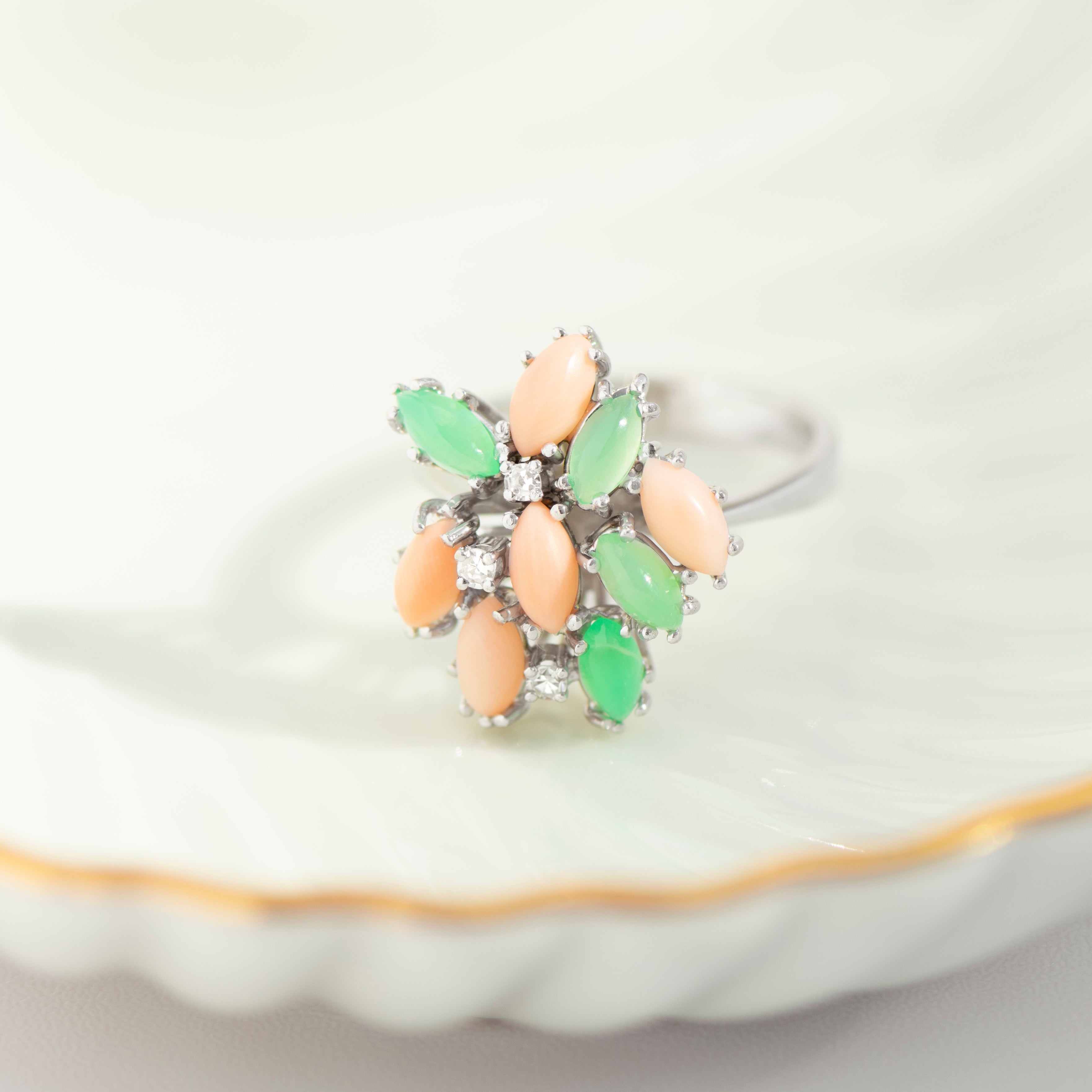 White gold flower ring with coral chrysoprase and diamonds