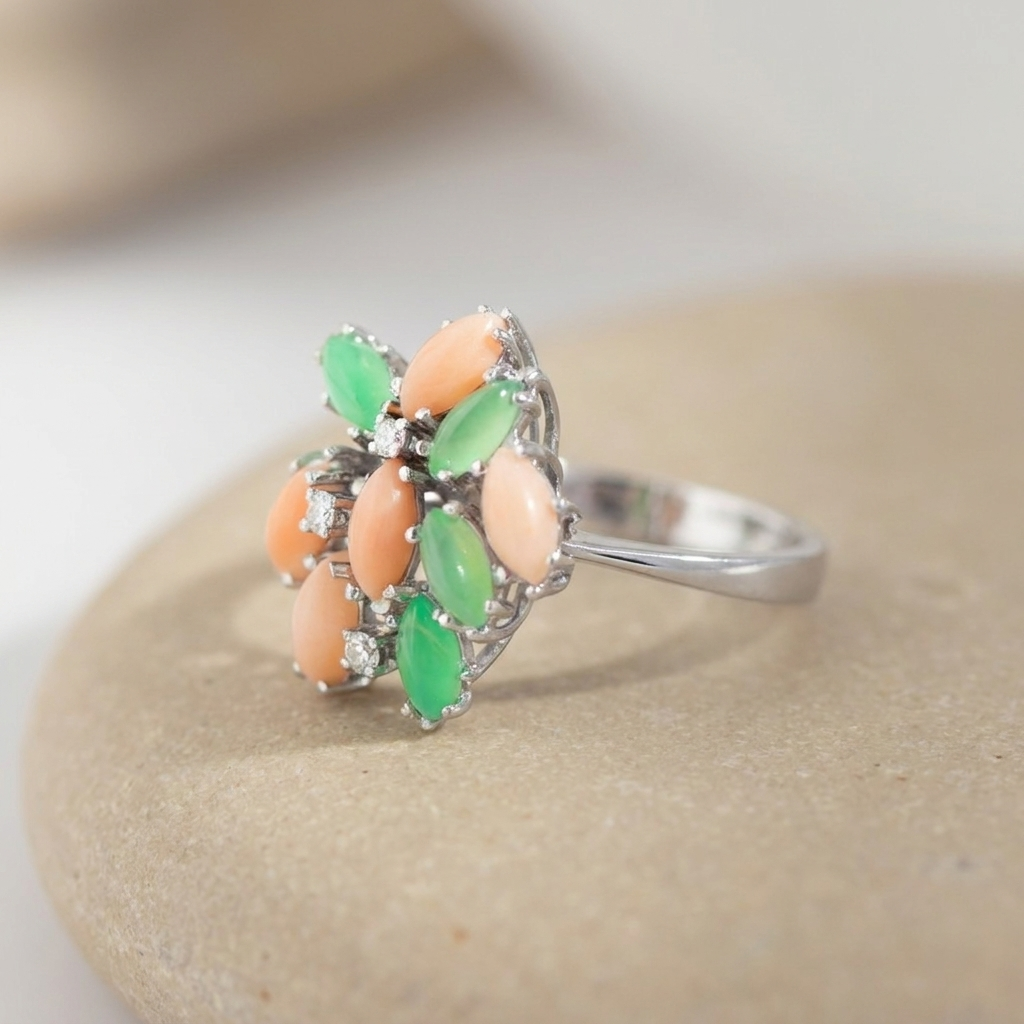 Three-dimensional depth of coral chrysoprase ring