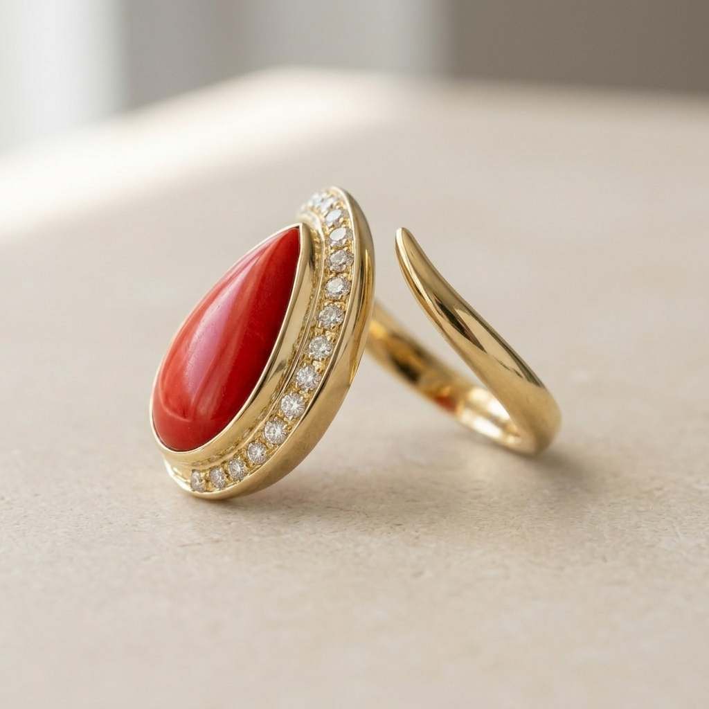 Ring 18 karat gold with coral and brilliant