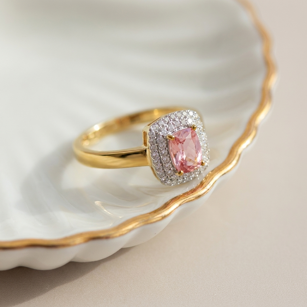 Kunzit Diamant Ring on ceramic dish display