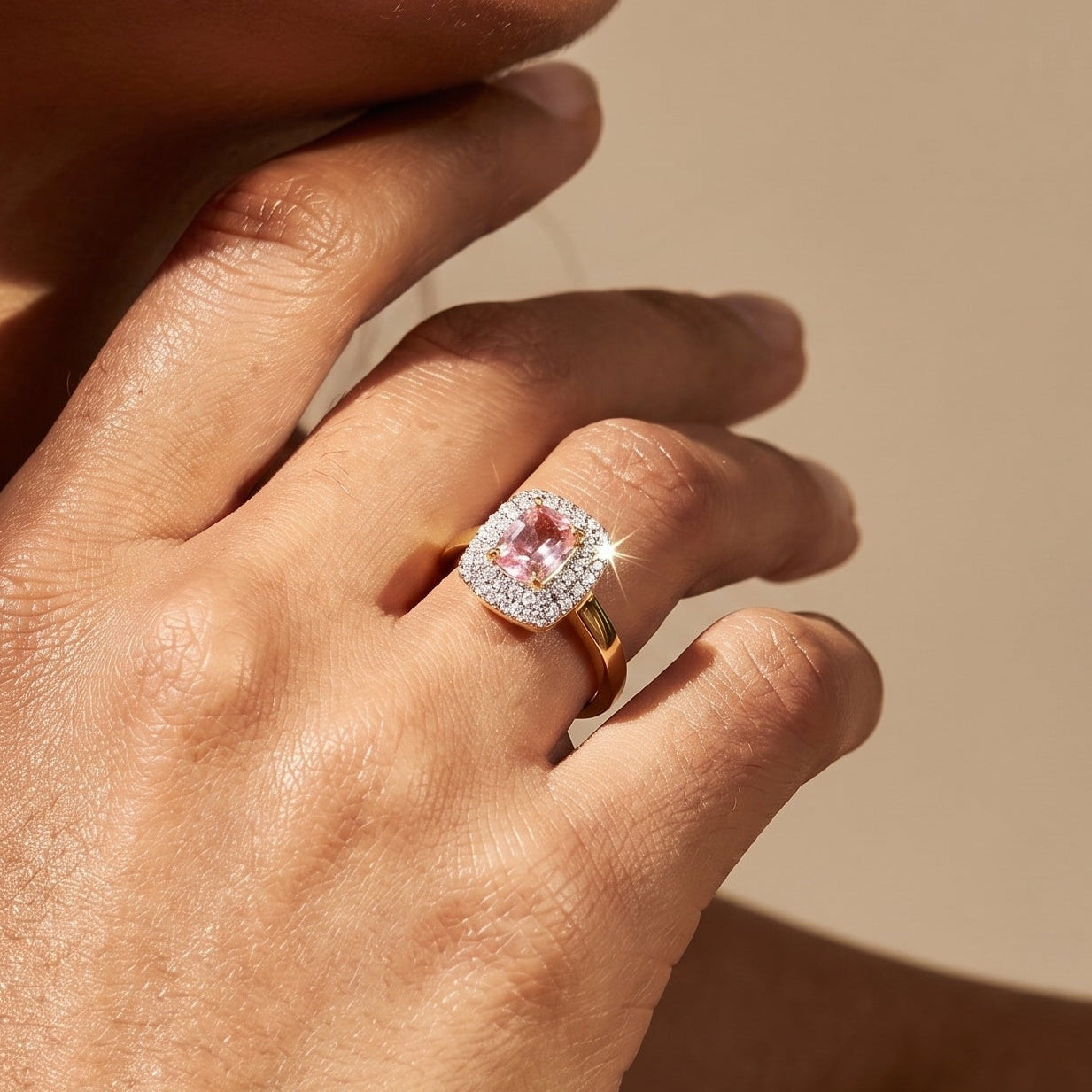 Yellow gold Kunzite ring worn on hand showing fit
