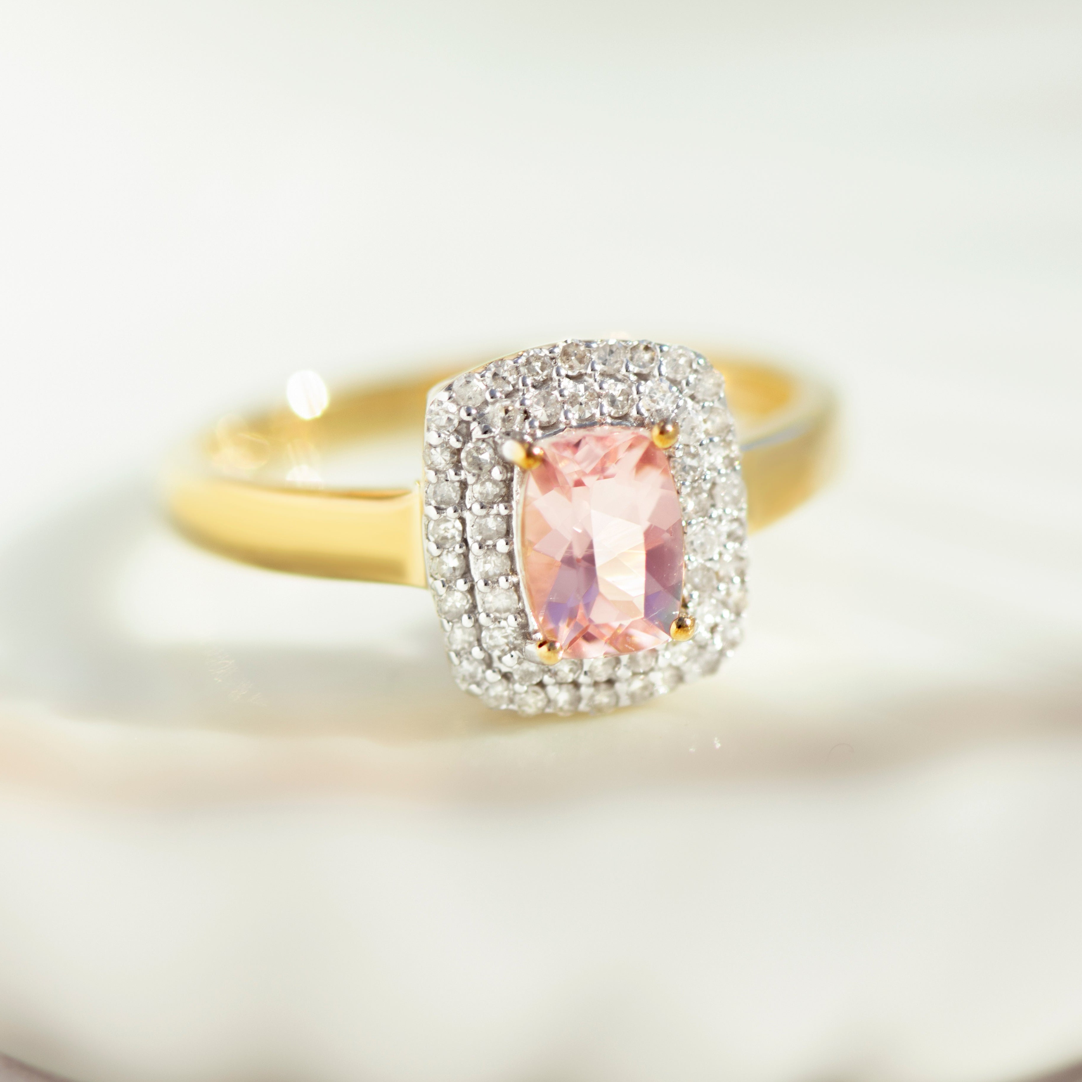 Vintage yellow gold Kunzite ring with double diamond halo