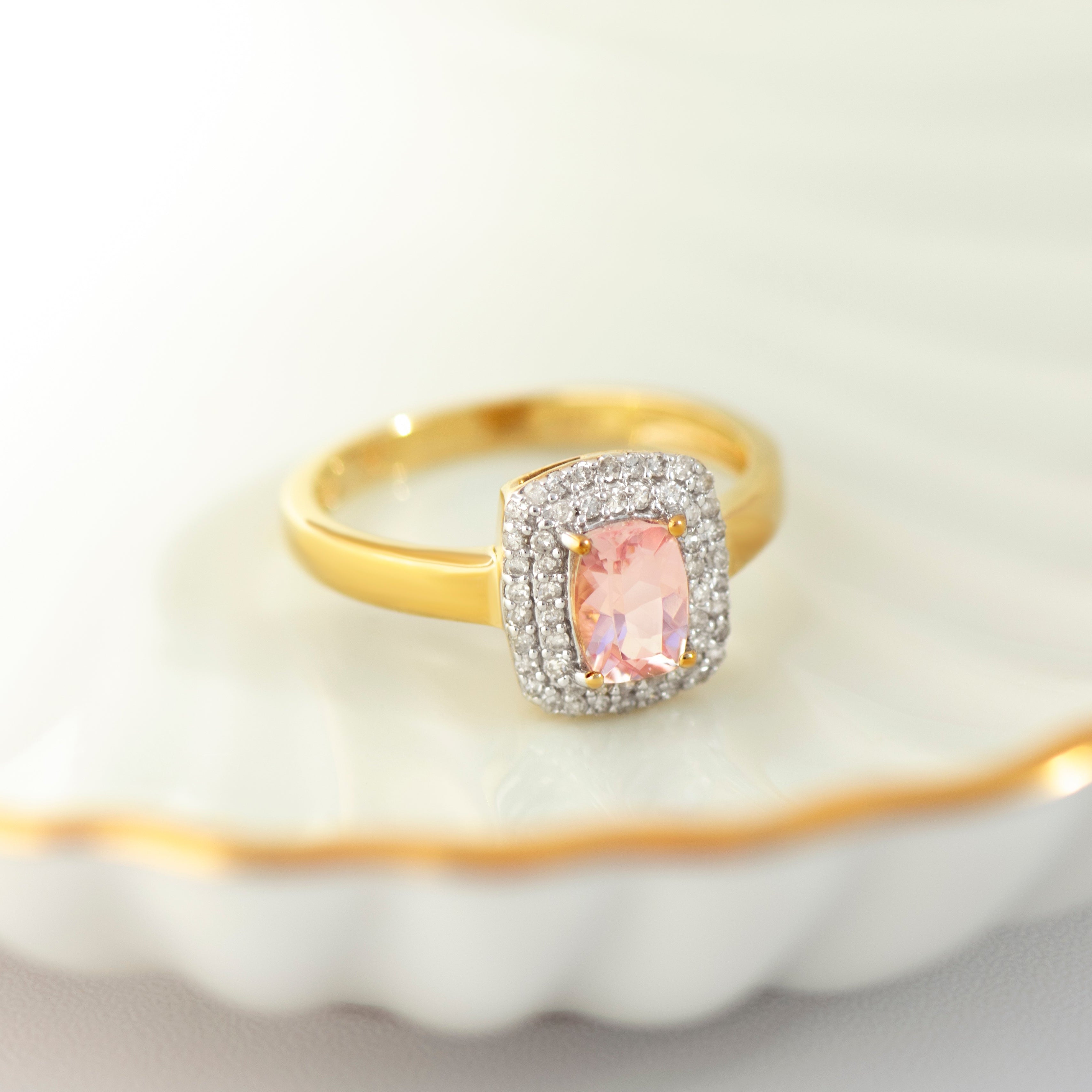 Symmetrical front view of vintage gold and diamond ring