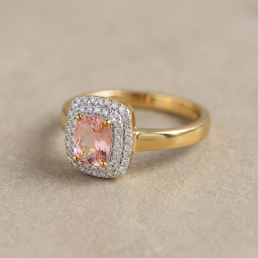 Side profile of 9k gold Kunzite ring with diamond frame