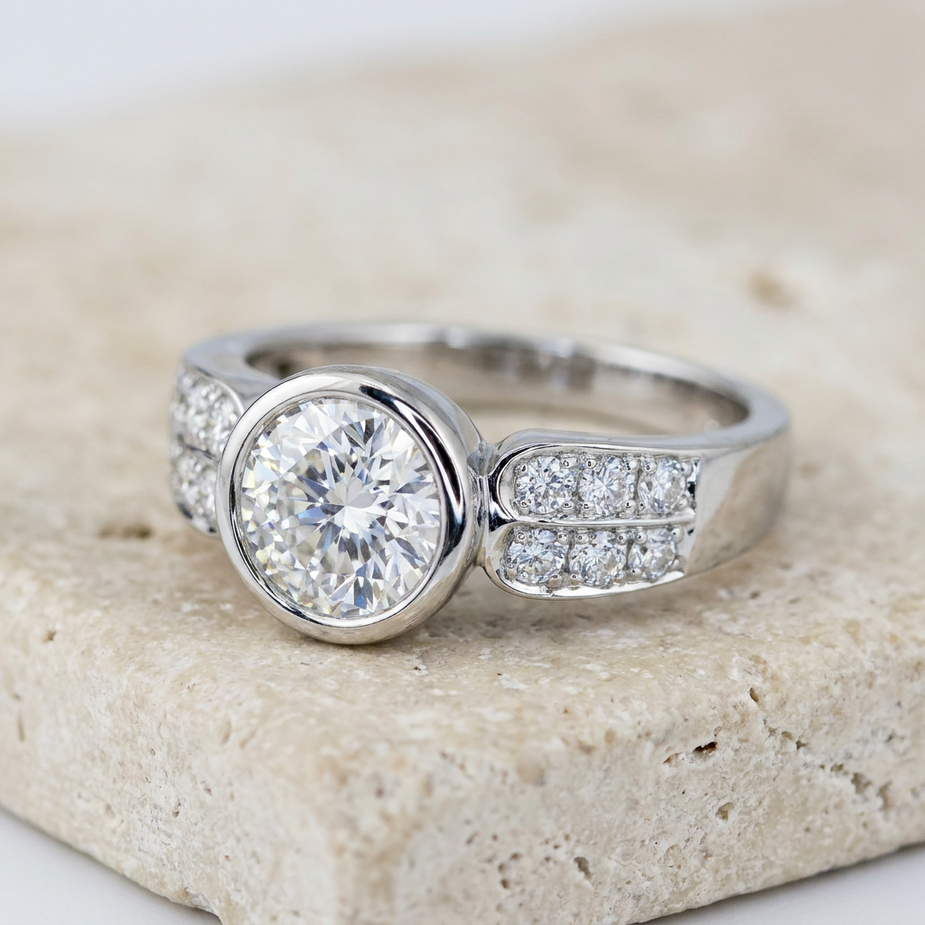 Luxurious halo ring made of white gold with a large solitaire
