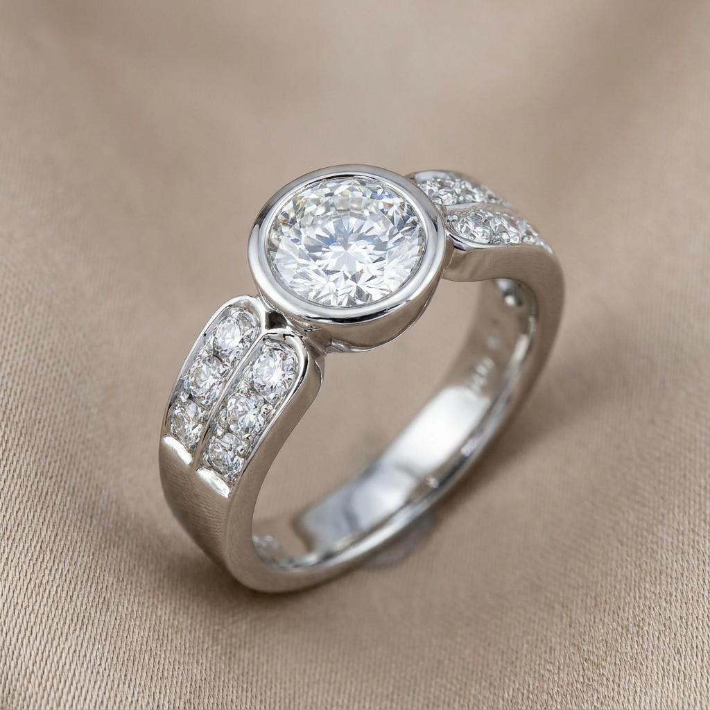 Luxurious halo ring made of white gold with a large solitaire