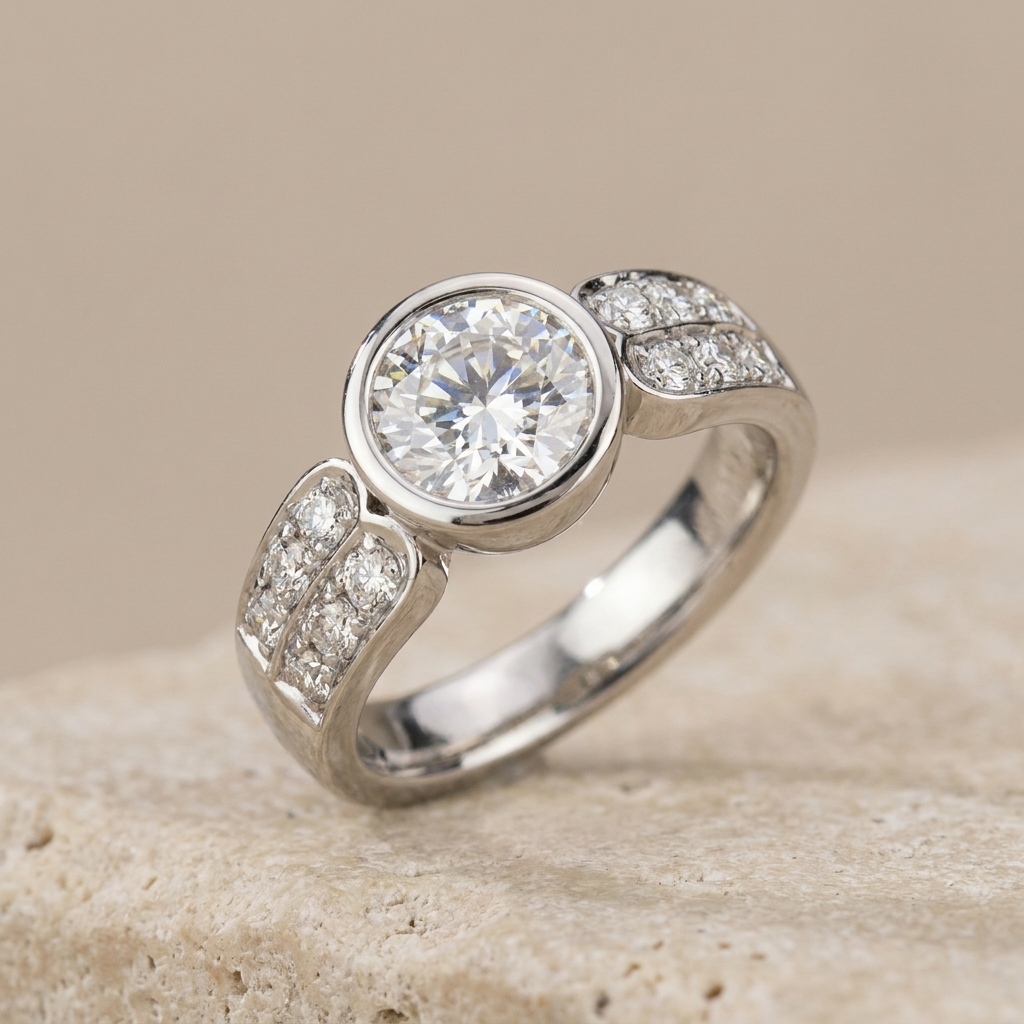 Luxurious halo ring made of white gold with a large solitaire