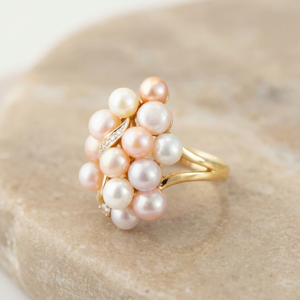 Close-up of 14k gold split shank ring with multi-color pearl cluster and diamond vine