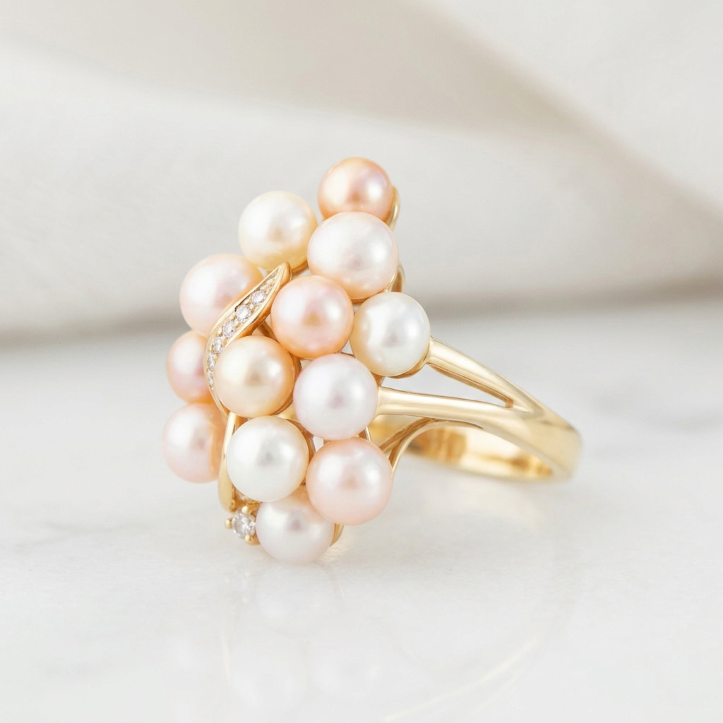 Symmetrical vintage gold ring with layered cream pink and white pearls and diamond details