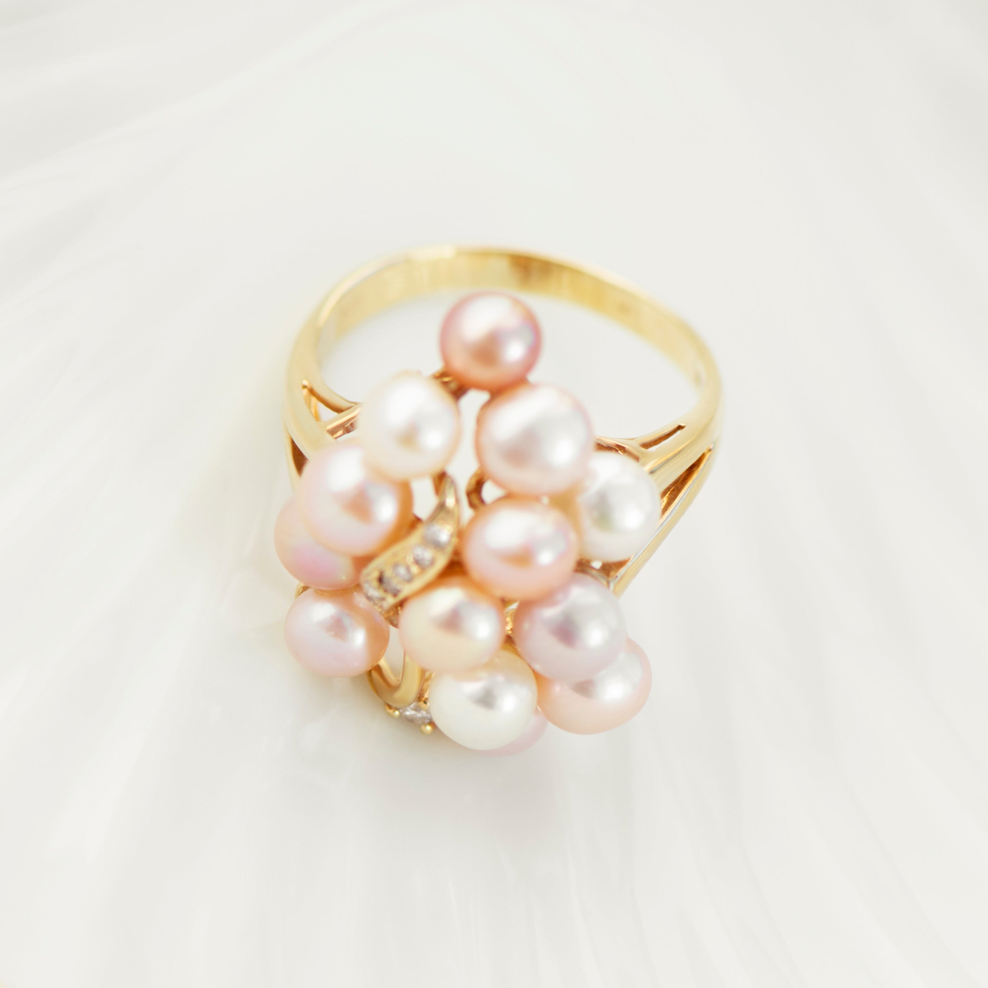 Vintage 14k yellow gold grape cluster ring with multi-tone pearls and diamond accents