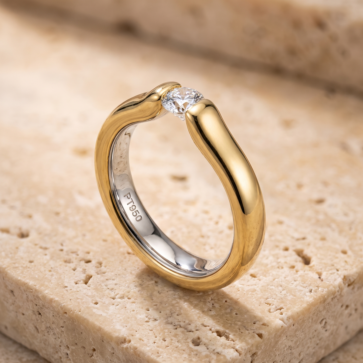 Front view sculptural platinum gold solitaire diamond ring