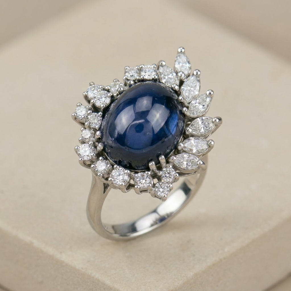 Sternsaphirring mit Diamantkranz