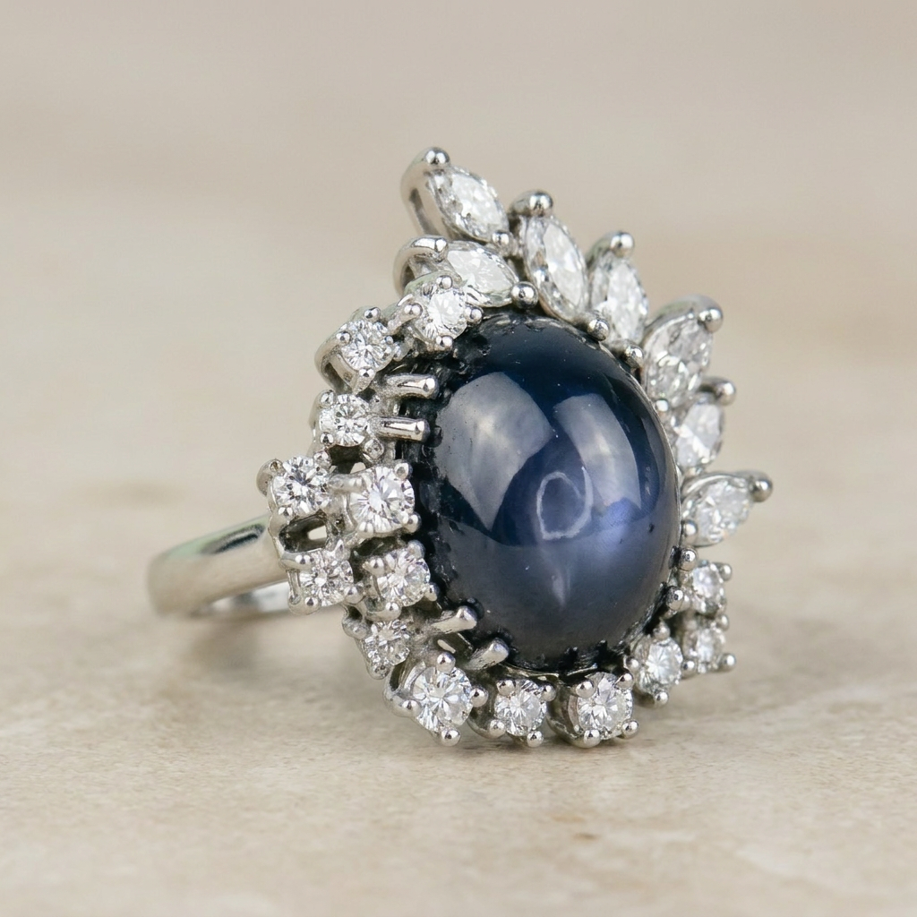 Sternsaphirring mit Diamantkranz