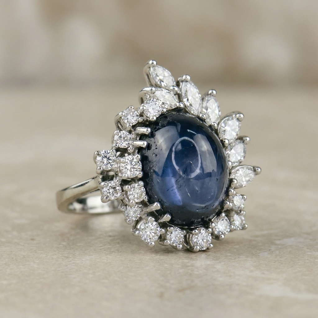 Sternsaphirring mit Diamantkranz