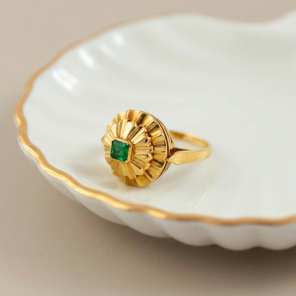 Smaragd-Ring mit skulpturalem Ringkopf aus 750er Gelbgold