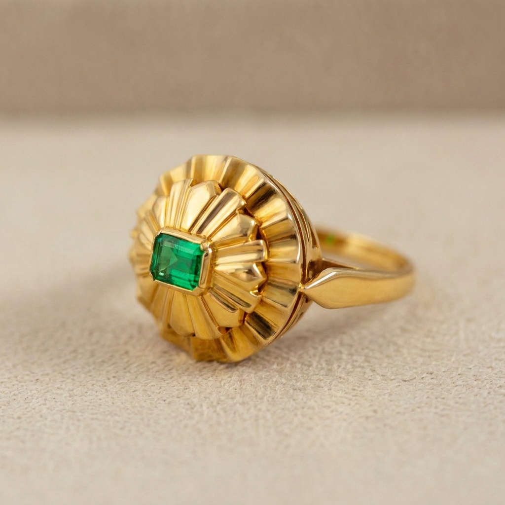 Smaragd-Ring mit skulpturalem Ringkopf aus 750er Gelbgold