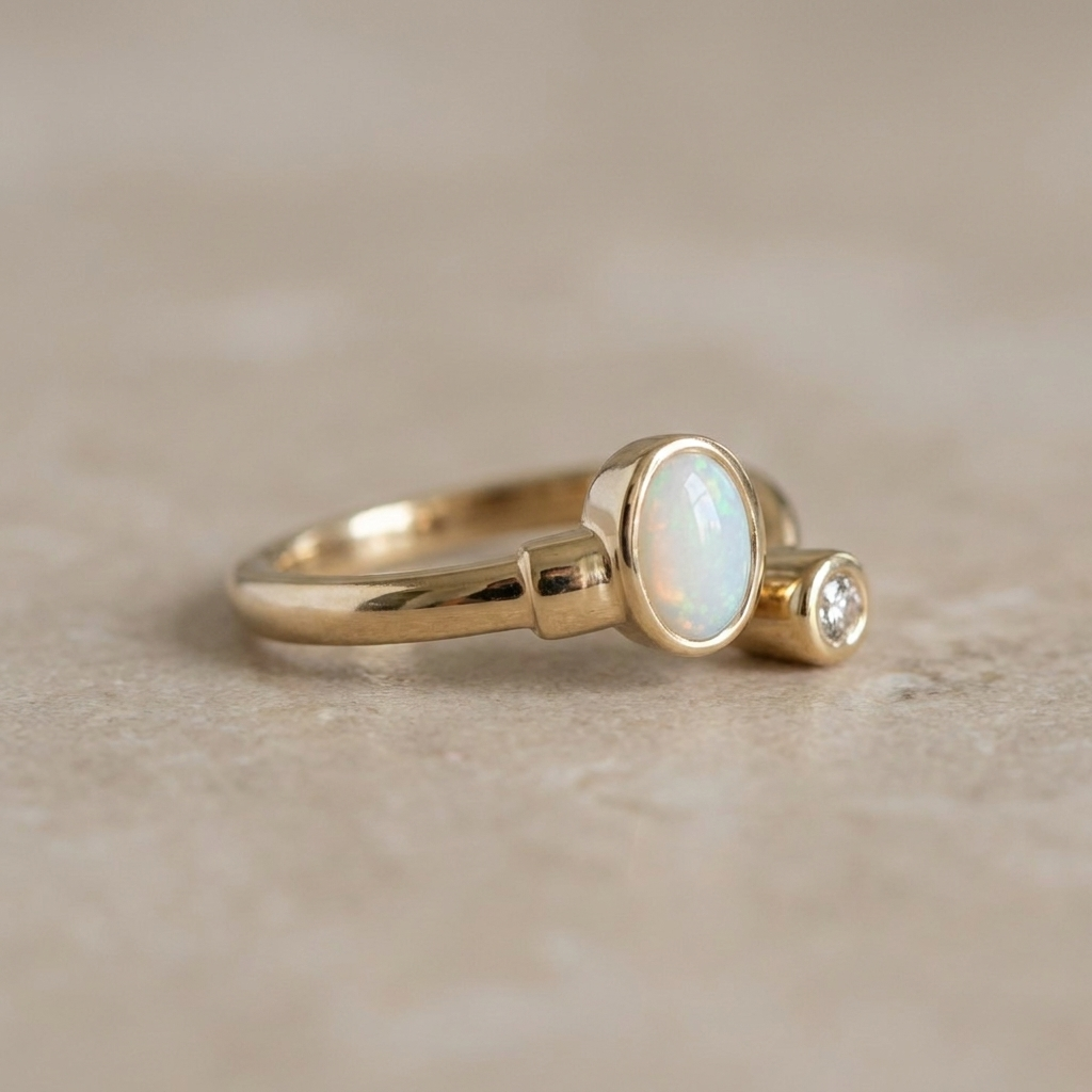 Vintage-style 14 karat gold ring with open asymmetrical design opal and diamond