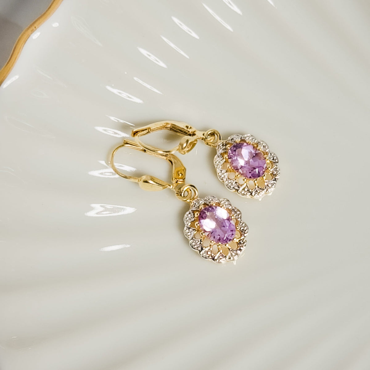 Tolle Vintage - Gold Ohrringe mit Amethyst – Verführerisch Violett - Honey Jewelry
