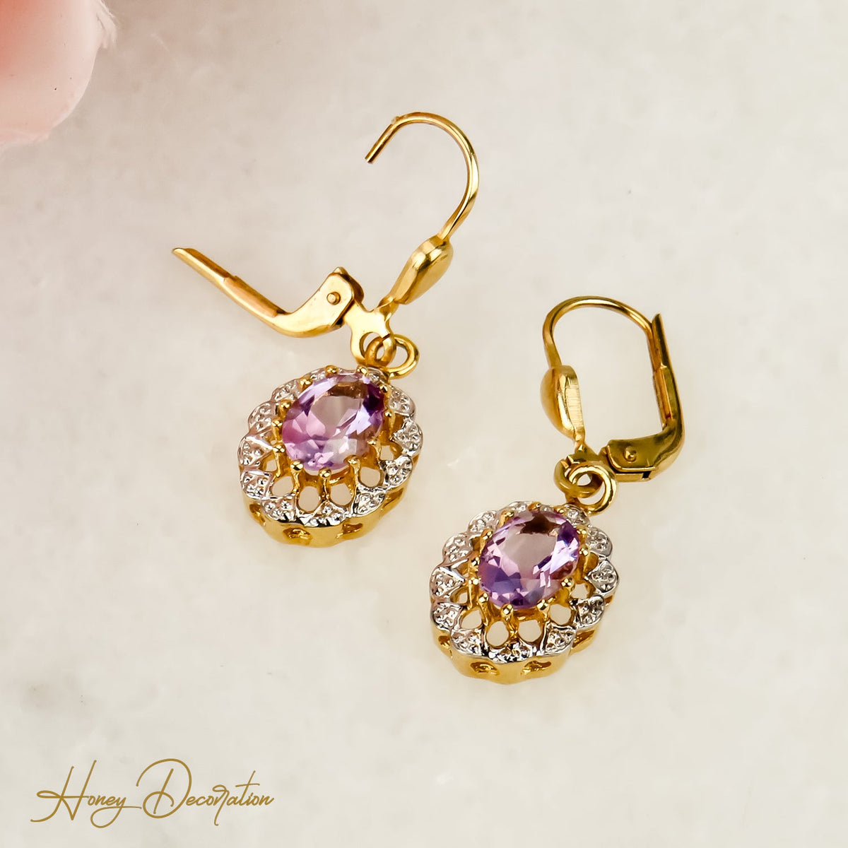 Tolle Vintage - Gold Ohrringe mit Amethyst – Verführerisch Violett - Honey Jewelry