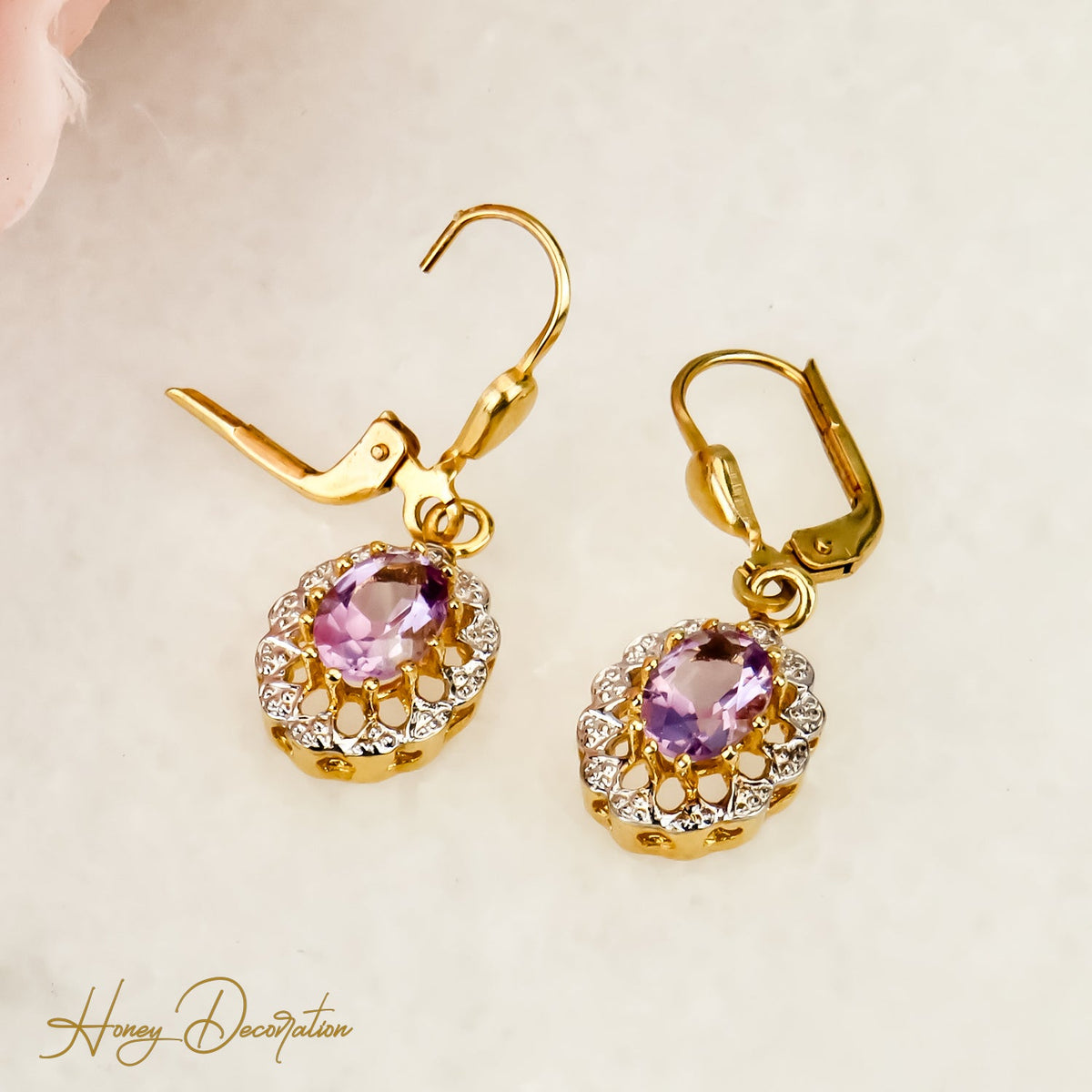 Tolle Vintage - Gold Ohrringe mit Amethyst – Verführerisch Violett - Honey Jewelry