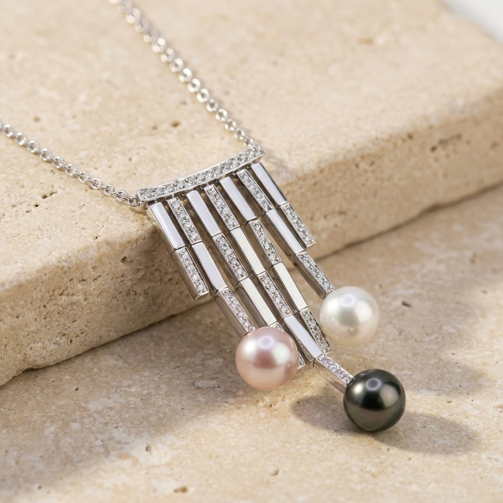 Diamond pavé white gold pendant with pink, white and black pearls